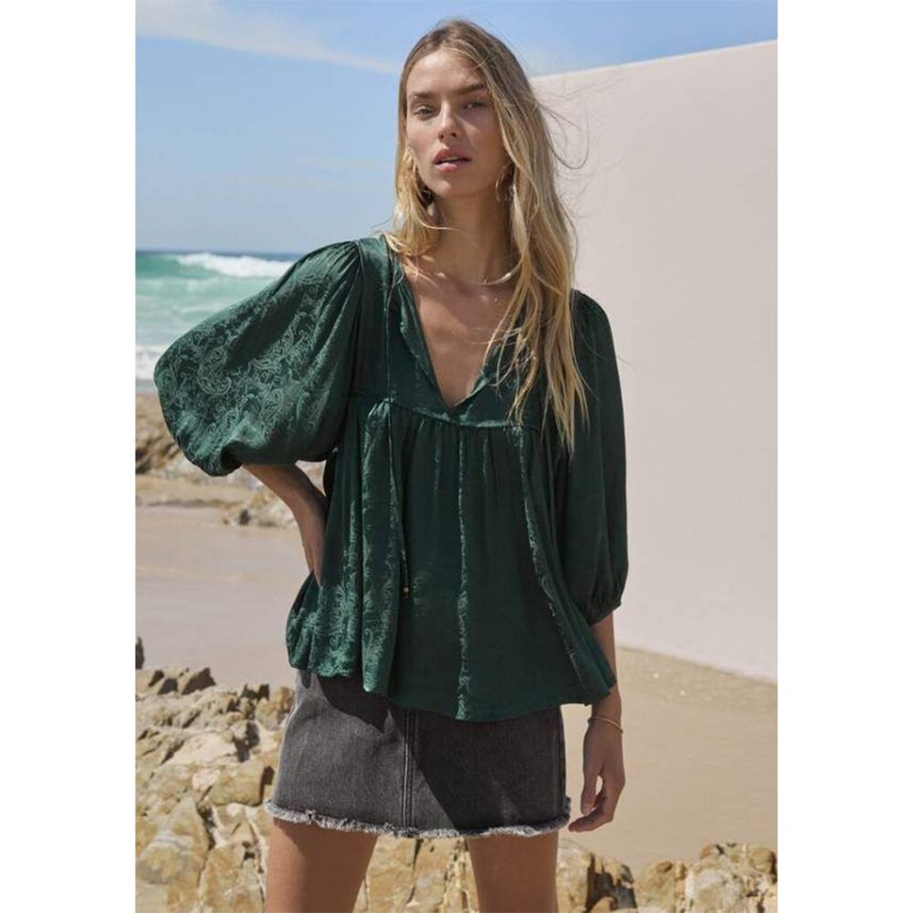 Auguste The Label Silk Green Jacquard Boho Peasant Blouse - AU 10/US M